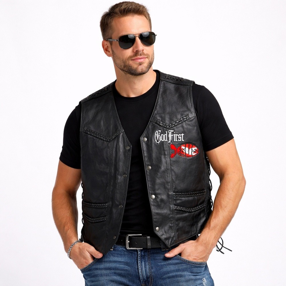 MOB Leather Biker Vest Men XL God First Jesus Christian Flag Patch‎ on the Back